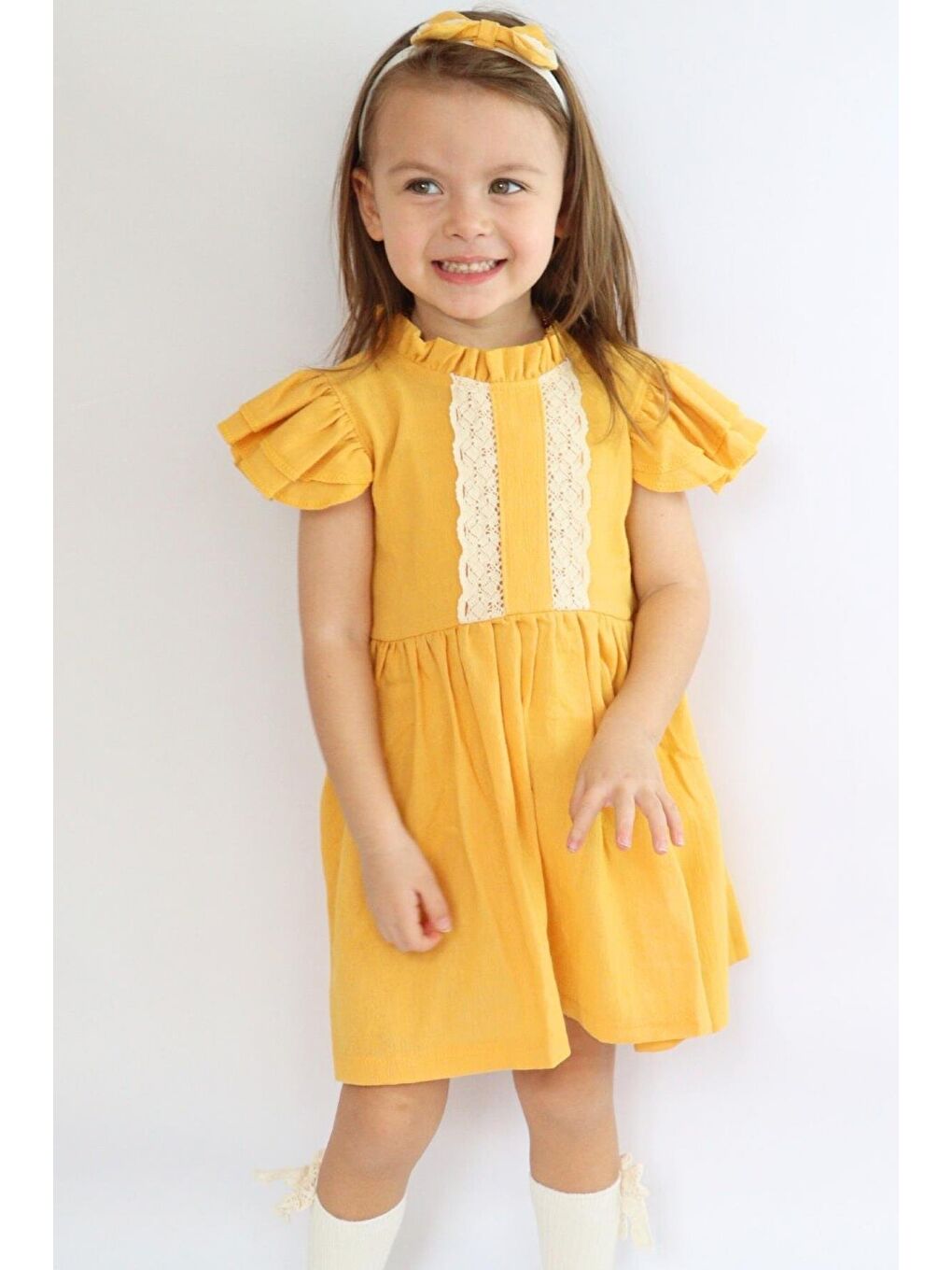 Sarı Kız Bebek Laila Dantel Detay Hardal Şile Bezi Elbise Bandana Takım-2