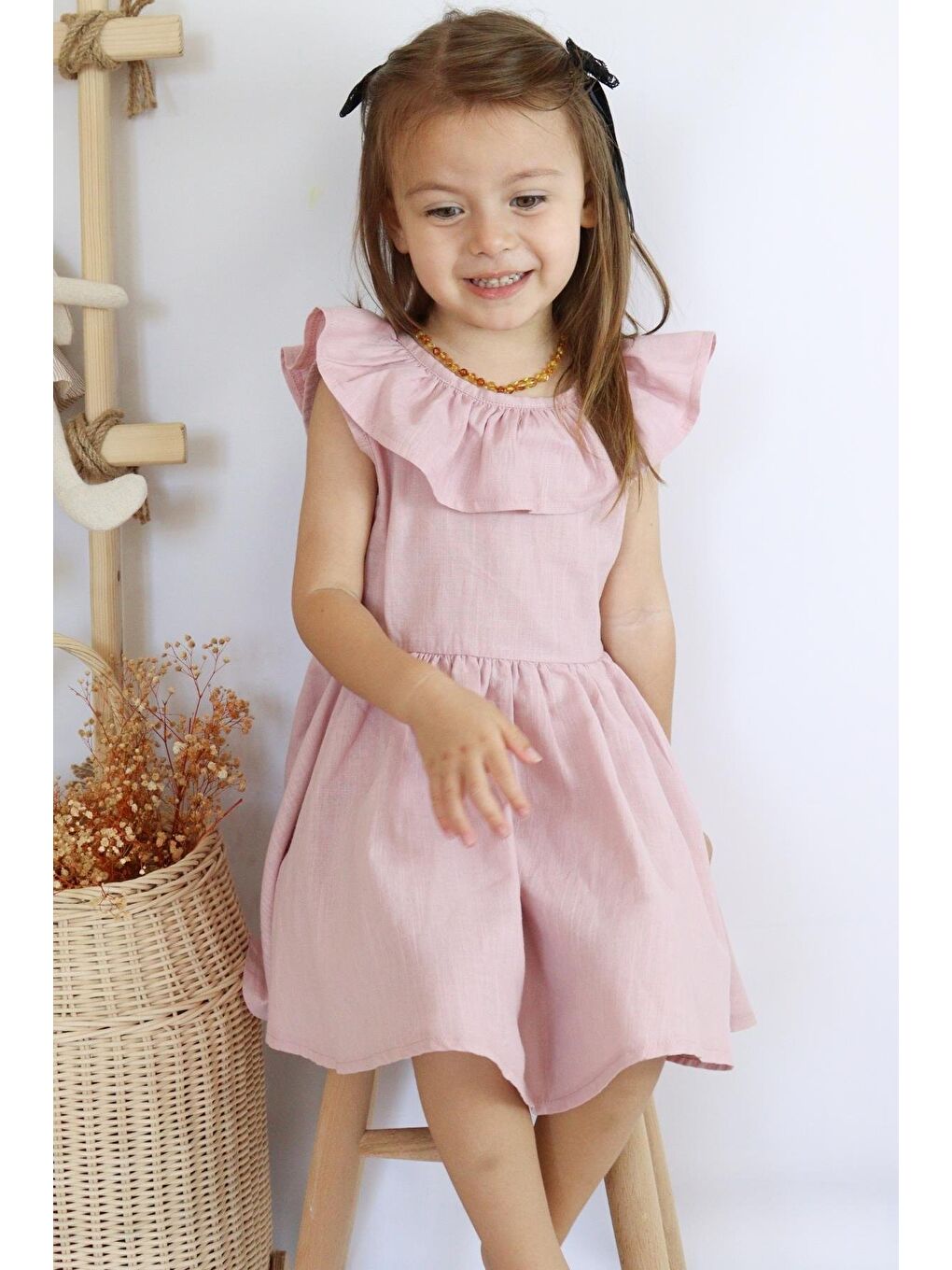 Pembe Kız Bebek Pudra Cherry Fiyonklu Fırfırlı Elbise Toka Takım-4