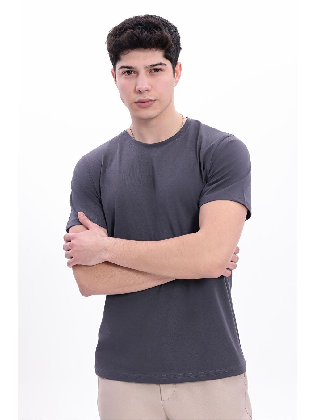 Karışık Erkek Siyah-Beyaz-Lacivert-Antrasit-Bej Normal Kalıp Bisiklet Yaka %100 Pamuk 5’Li Basic Tişört Seti-4