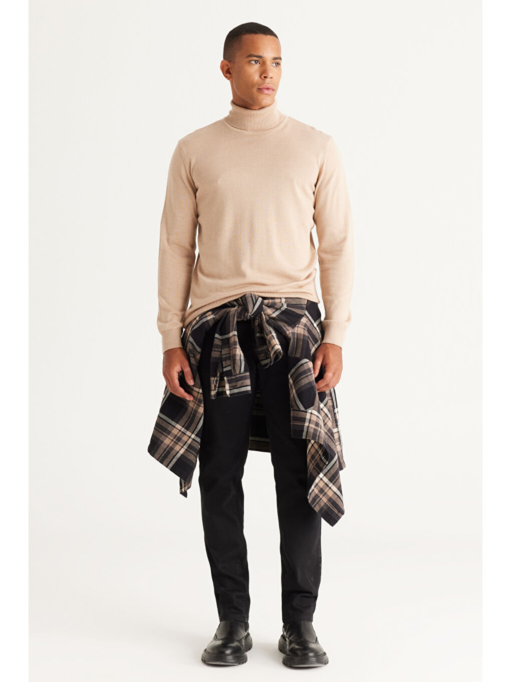 Erkek Bej Melanj Standart Fit Normal Kesim Tam Balıkçı Yaka Pamuklu Triko Kazak-4