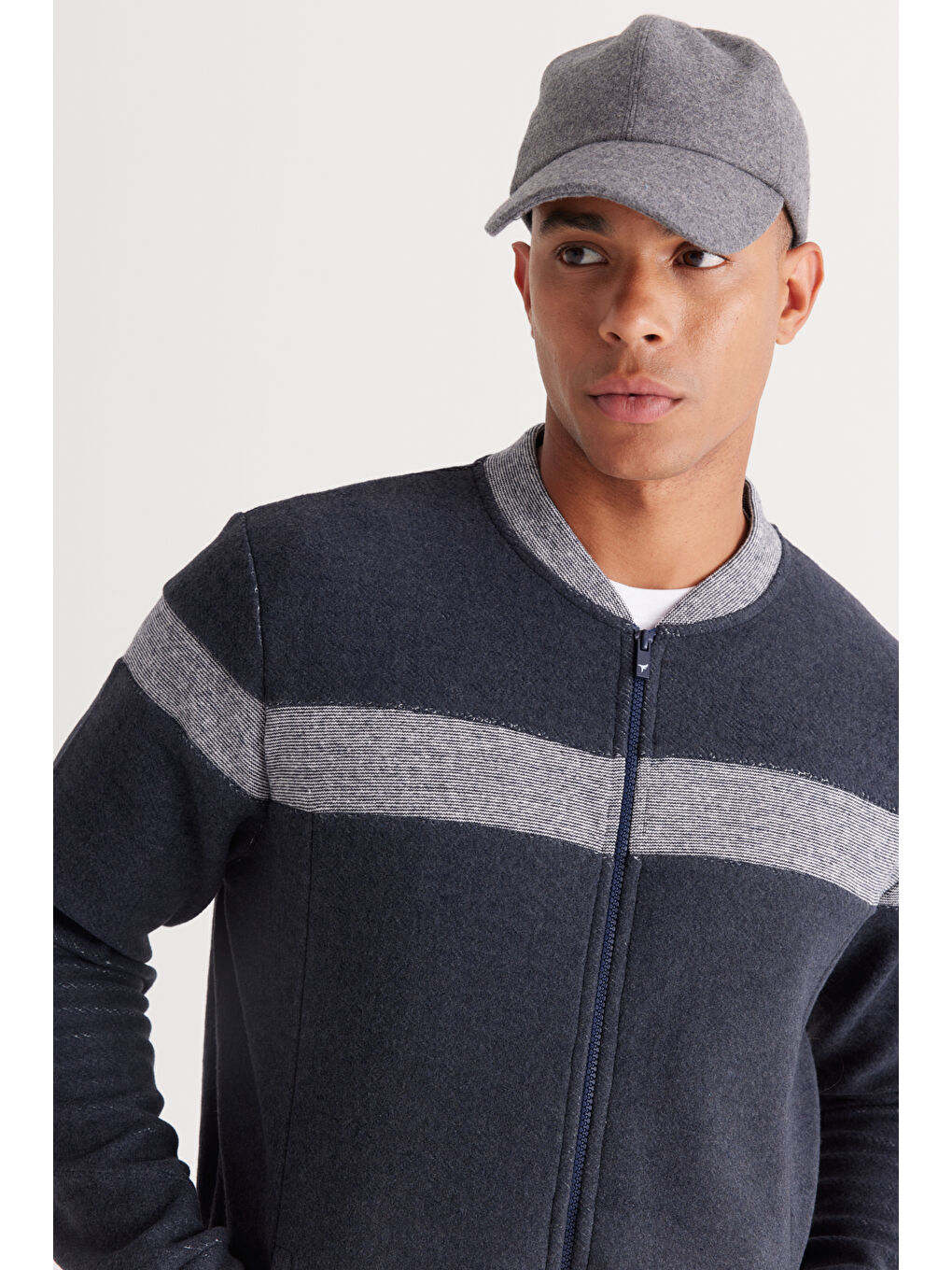 Erkek İndigo Melanj Oversize Fit Bol Kesim Kolej Yaka Pamuklu Sweatshirt Ceket-1