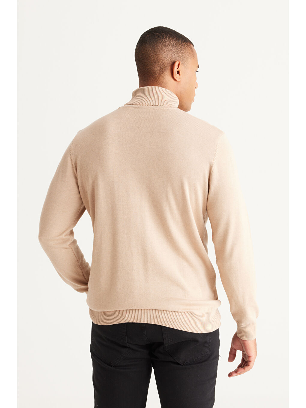 Erkek Bej Melanj Standart Fit Normal Kesim Tam Balıkçı Yaka Pamuklu Triko Kazak-5