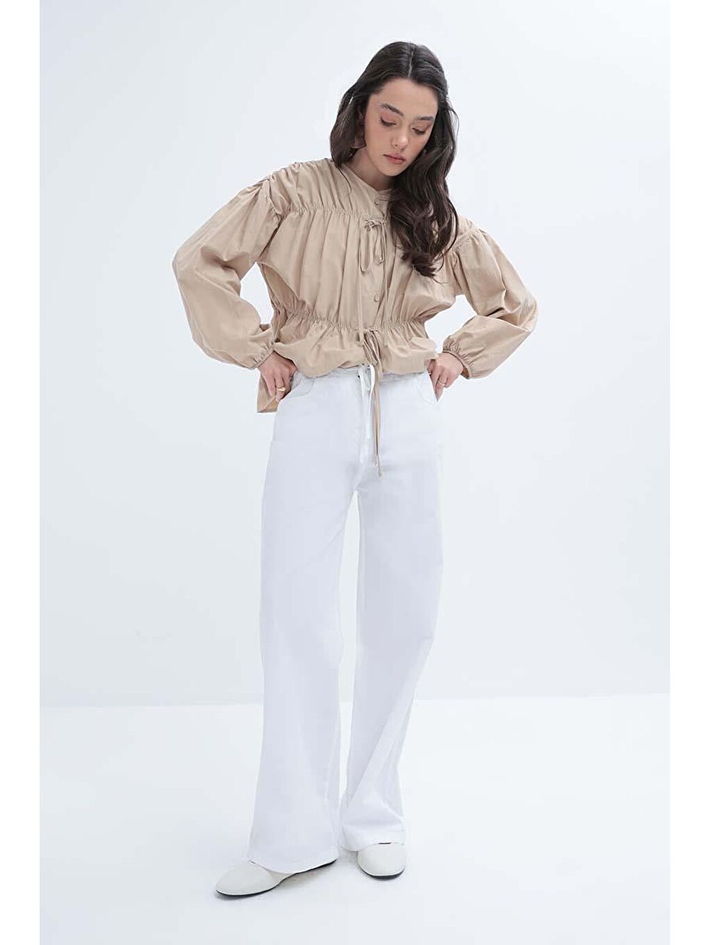 Beyaz-Geniş Paça Gabardin Pantolon