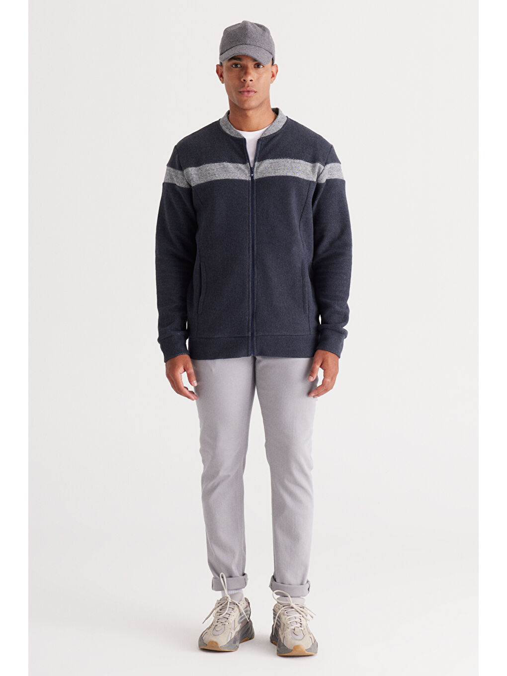 Erkek İndigo Melanj Oversize Fit Bol Kesim Kolej Yaka Pamuklu Sweatshirt Ceket-2