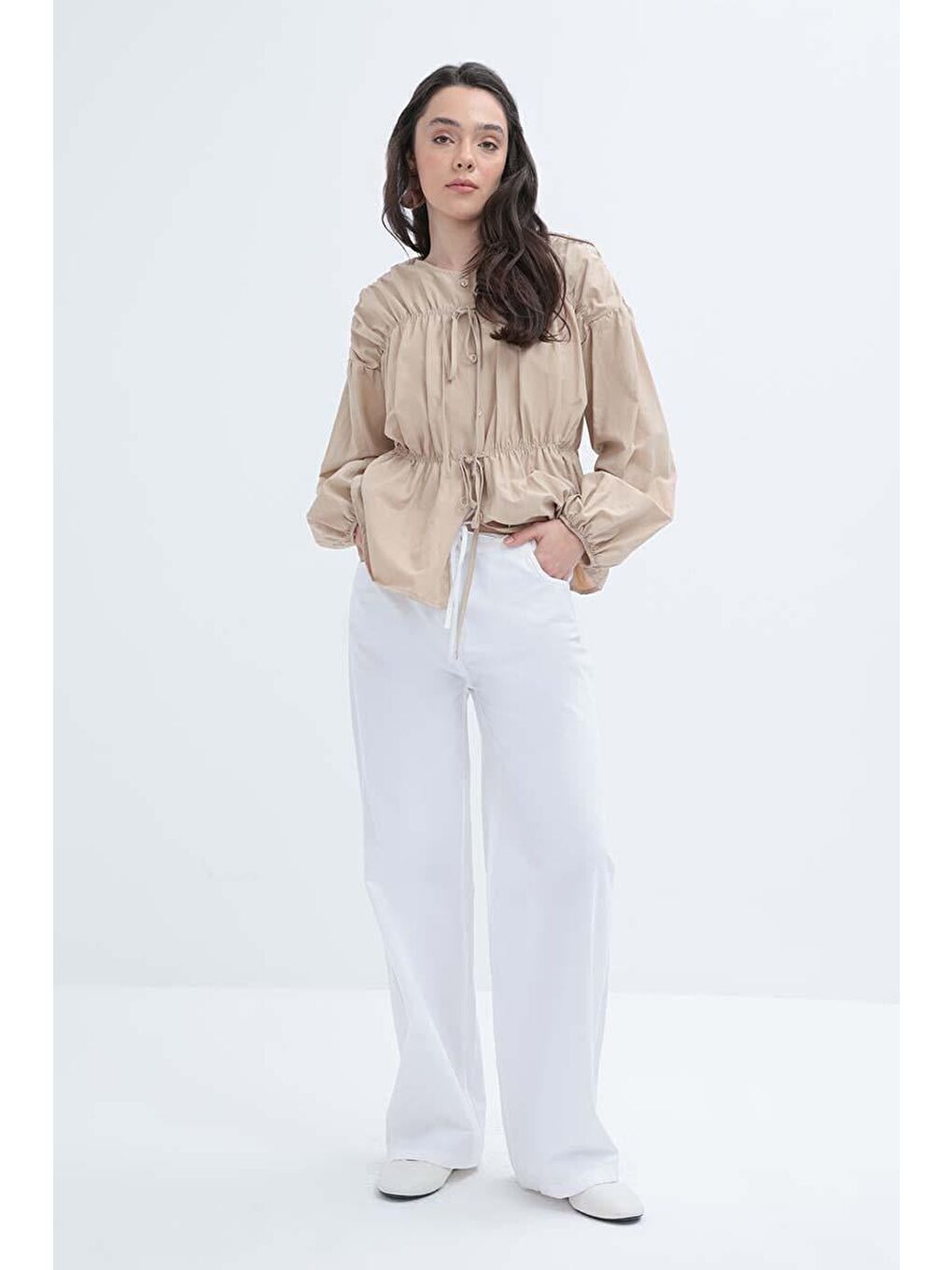 Beyaz-Geniş Paça Gabardin Pantolon-1