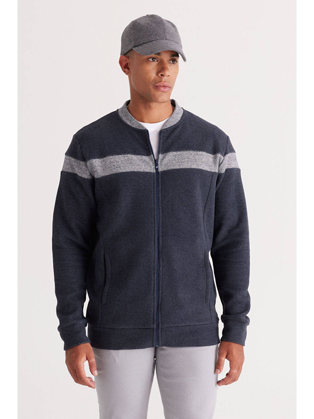 Erkek İndigo Melanj Oversize Fit Bol Kesim Kolej Yaka Pamuklu Sweatshirt Ceket-3