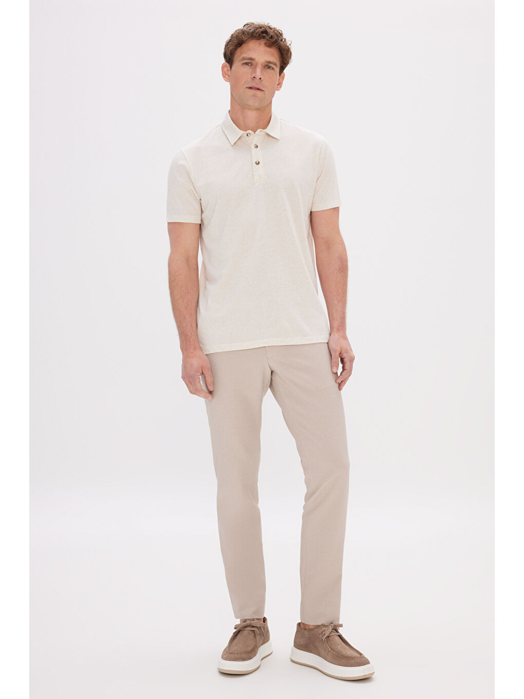 Erkek Bej Melanj Slim Fit Dar Kesim Polo Yaka Pamuklu Tişört-1