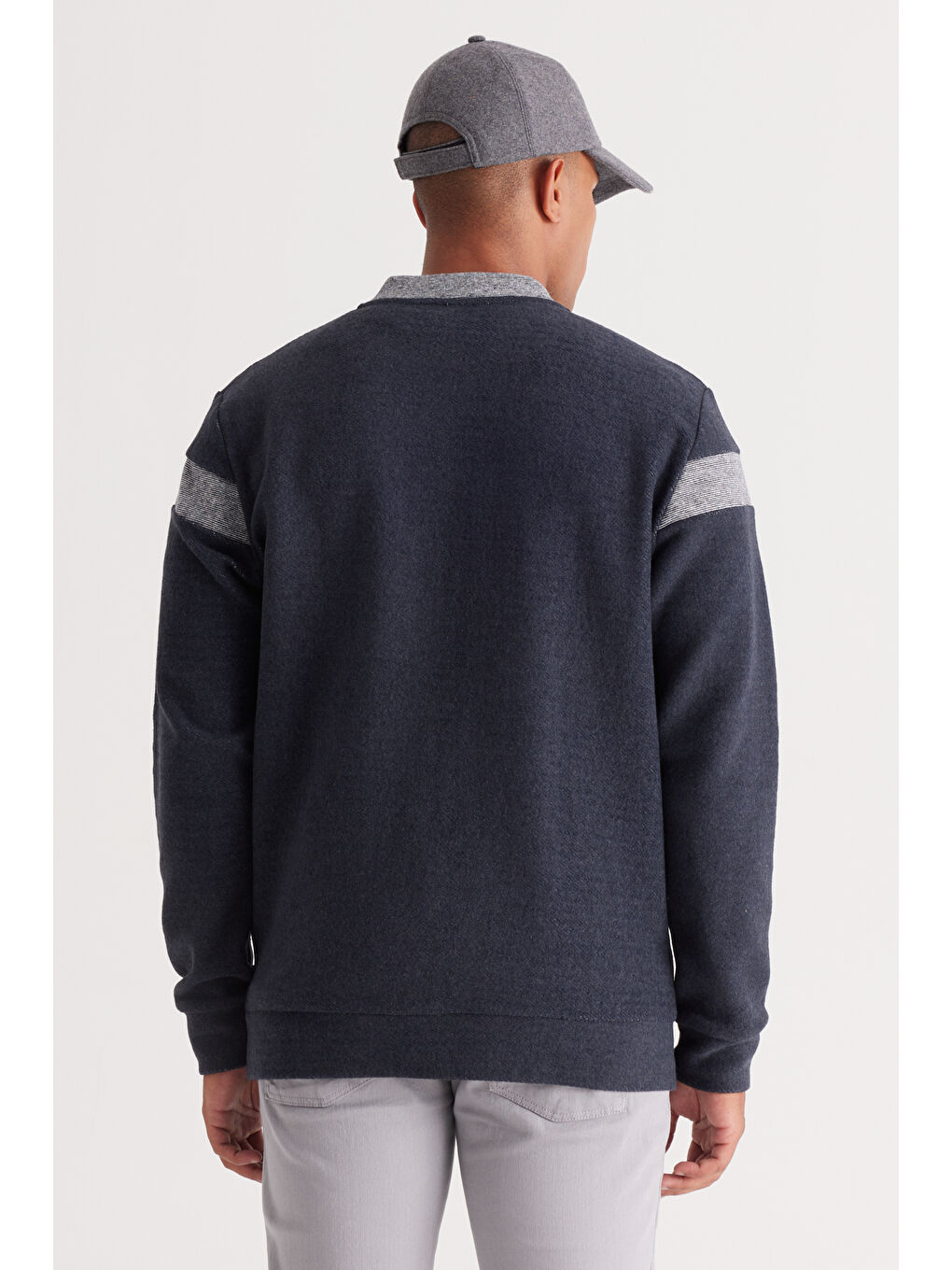 Erkek İndigo Melanj Oversize Fit Bol Kesim Kolej Yaka Pamuklu Sweatshirt Ceket-4