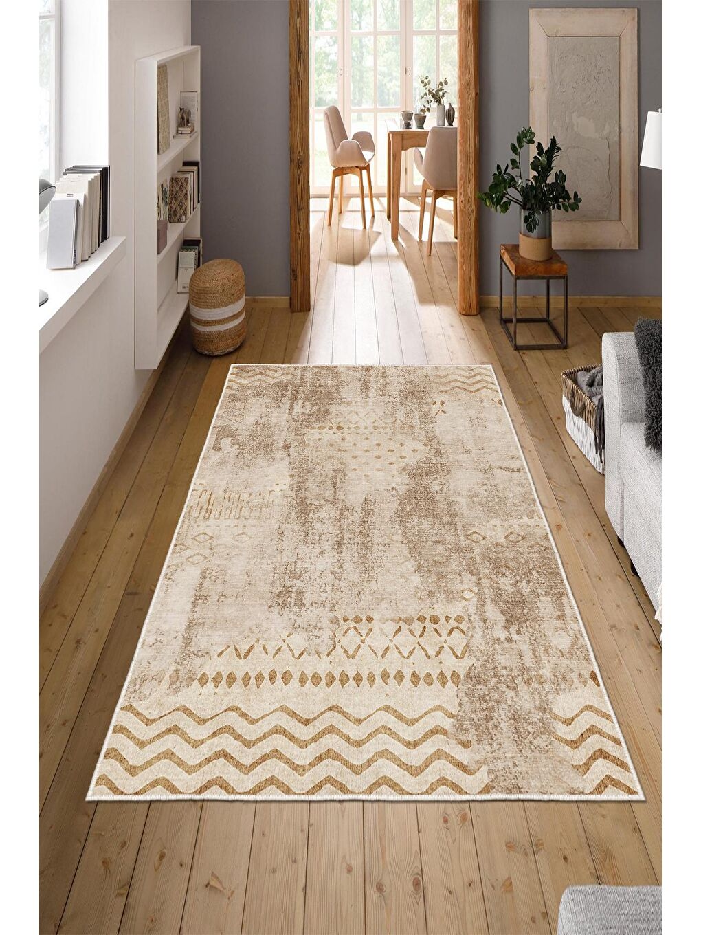 Bej Özel Tasarım, Kaymaz Taban, İnce, Yıkanabilir, Modern Halı WOOKECE1444 120x180-1