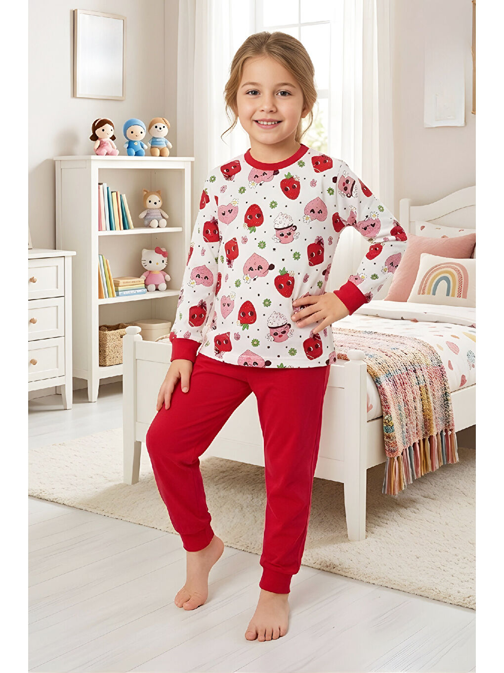 Kırmızı Kız Çocuk %100 Pamuk Pijama Takımı 4-11 Yaş 12628