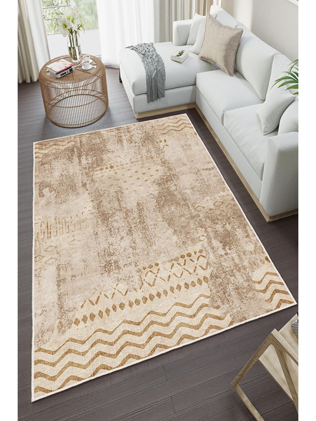 Bej Özel Tasarım, Kaymaz Taban, İnce, Yıkanabilir, Modern Halı WOOKECE1444 120x180-2