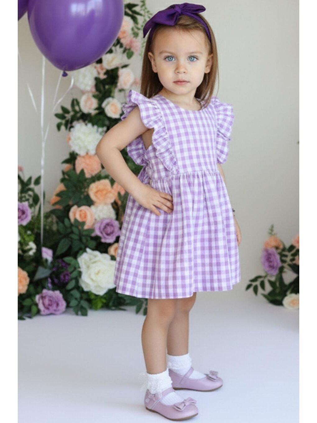 Kız Bebek Violetta Lila Pötikareli Fırfırlı Bağlama Detaylı Elbise Bandana Takım