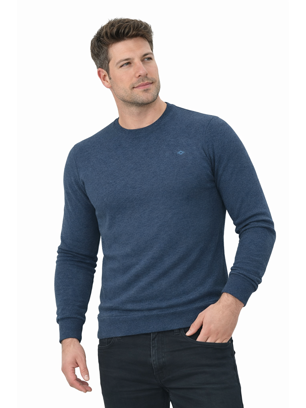 Mavi Erkek Pamuklu Sıfır Yaka Manşetli Selanik Kumaş Kaliteli Uzun Kollu Battal Sweat