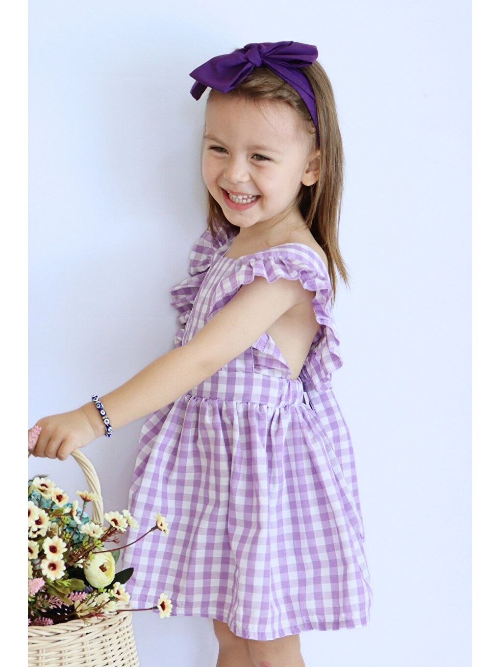 Kız Bebek Violetta Lila Pötikareli Fırfırlı Bağlama Detaylı Elbise Bandana Takım-1