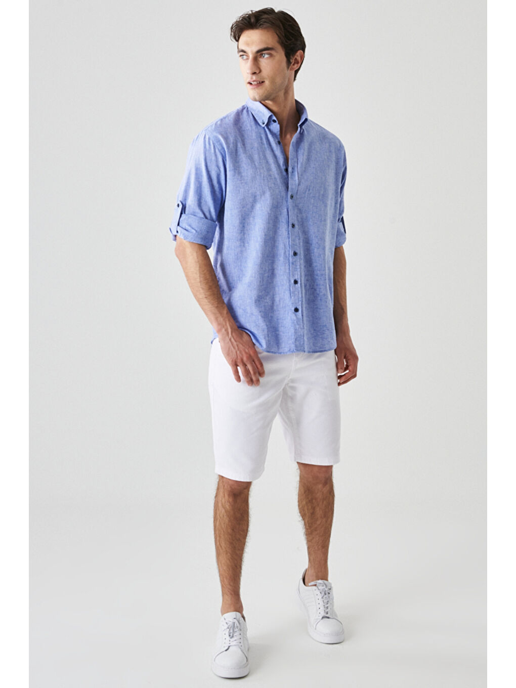 Mavi Erkek Saks Comfort Fit Rahat Kesim Düğmeli Yaka Casual Keten Gömlek-4