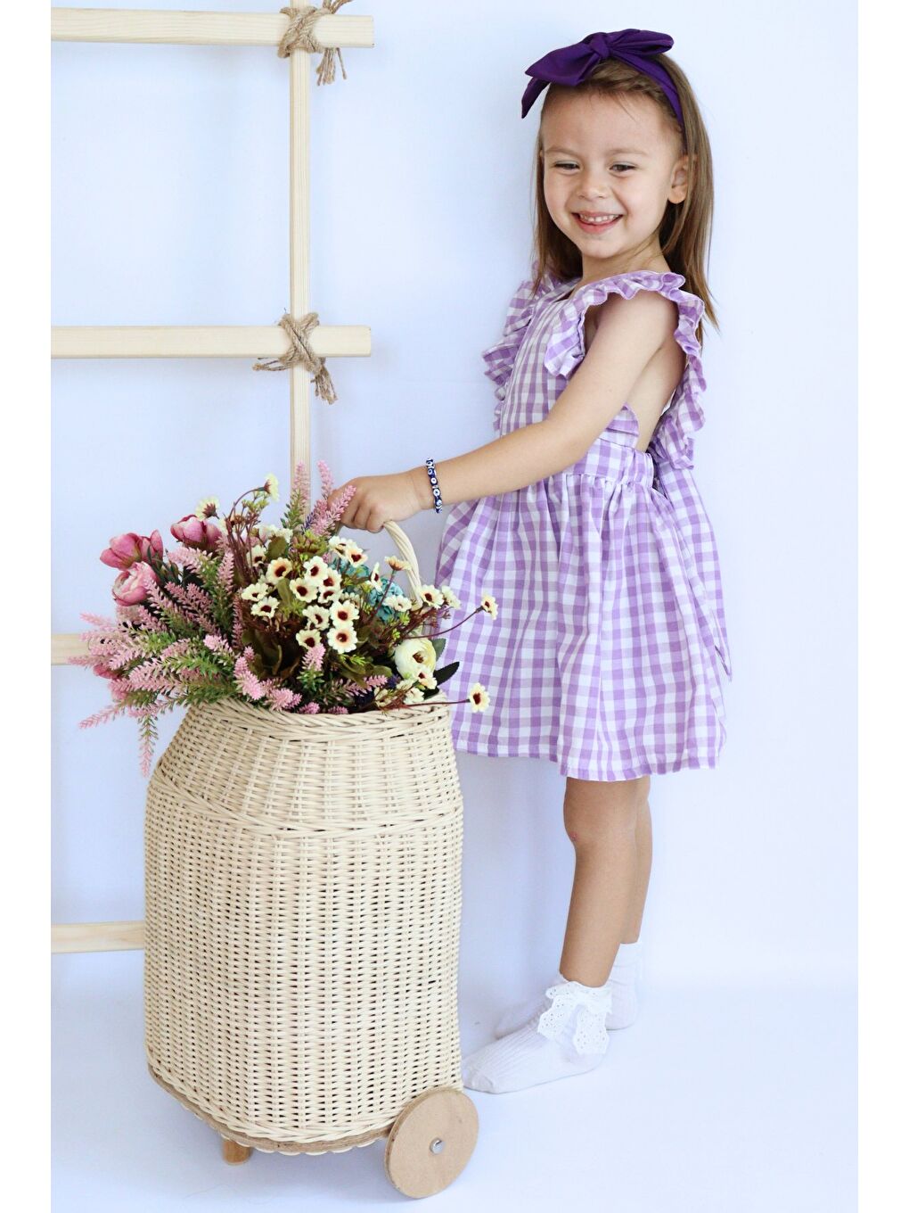 Kız Bebek Violetta Lila Pötikareli Fırfırlı Bağlama Detaylı Elbise Bandana Takım-2