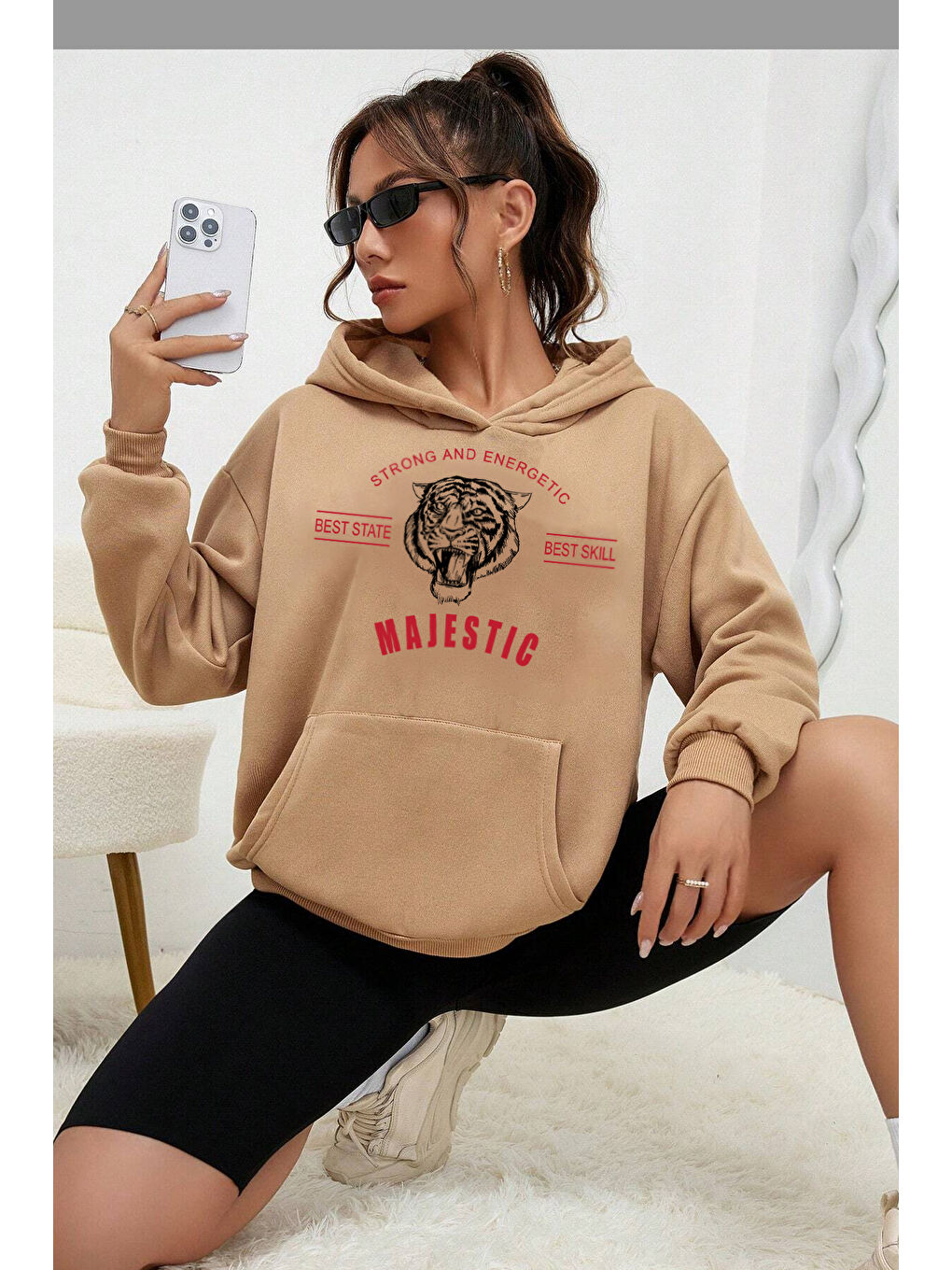 uyguntarz Bej Unisex Majestic Baskılı Sweatshirt