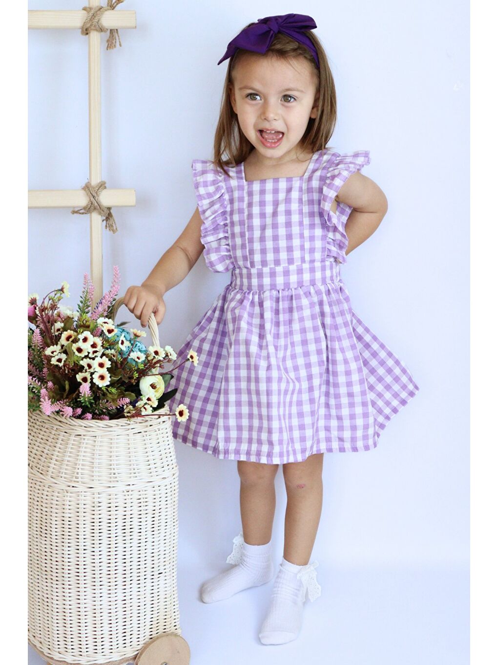 Kız Bebek Violetta Lila Pötikareli Fırfırlı Bağlama Detaylı Elbise Bandana Takım-4