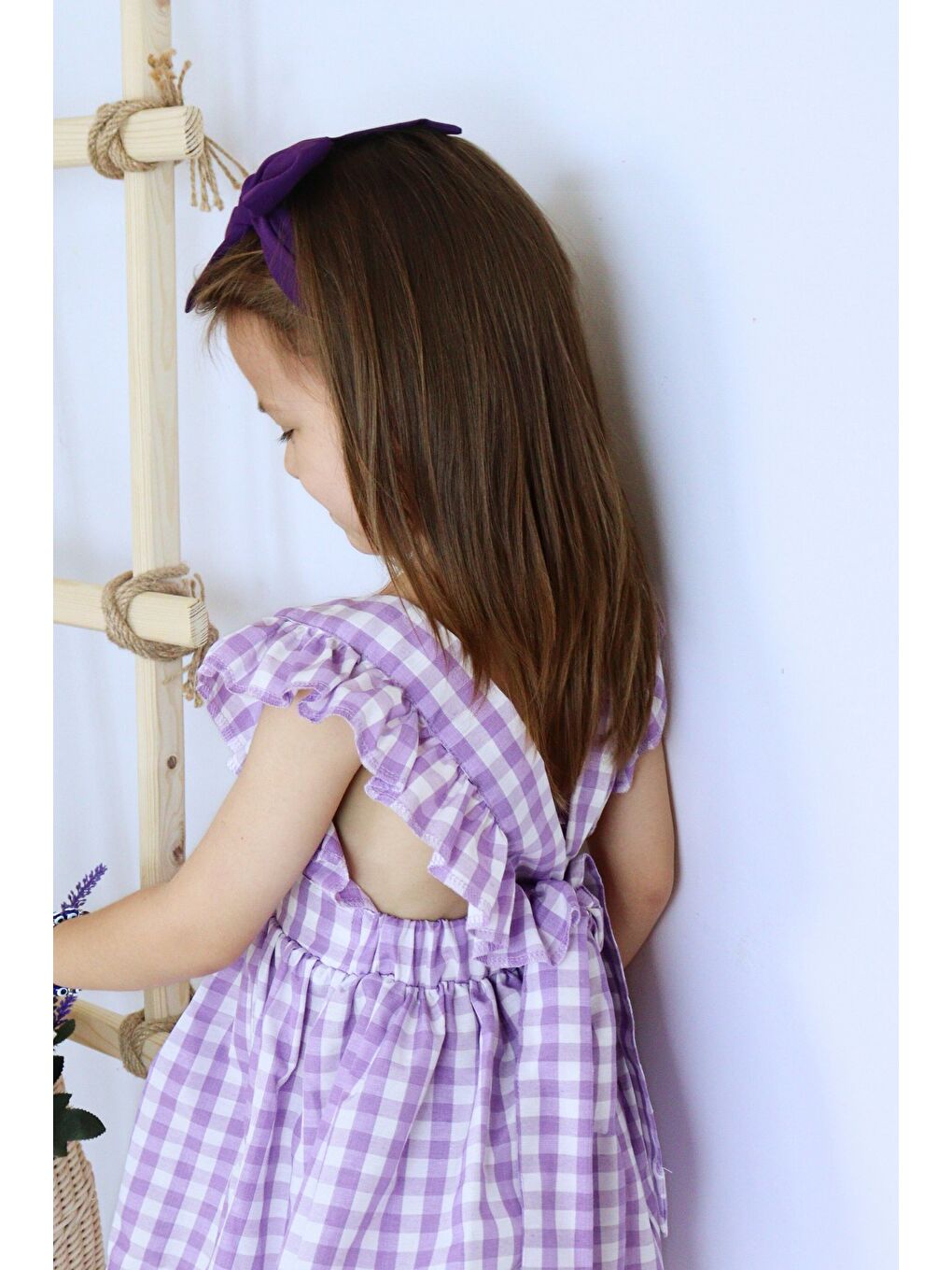 Kız Bebek Violetta Lila Pötikareli Fırfırlı Bağlama Detaylı Elbise Bandana Takım-5