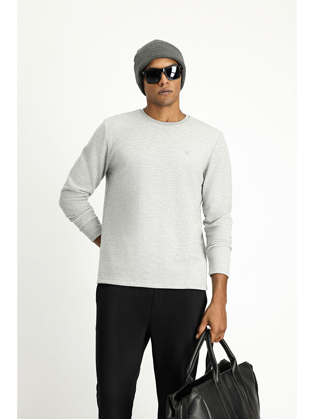 Gri Bisiklet Yaka Regular Fit Pamuklu Büyük Beden Sweatshirt-2