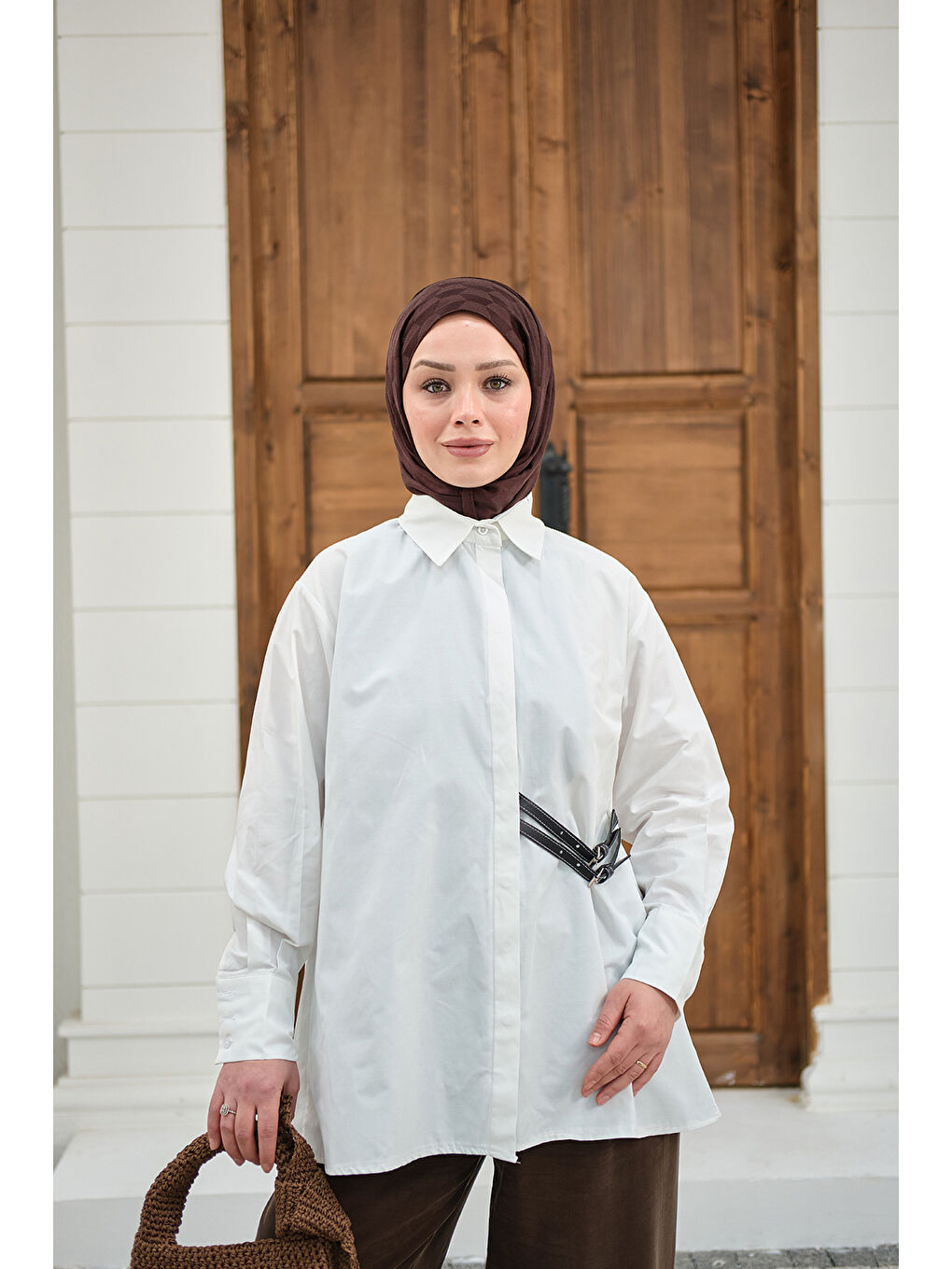 Kadın Çift Kemer Detay Gömlek Beyaz-1