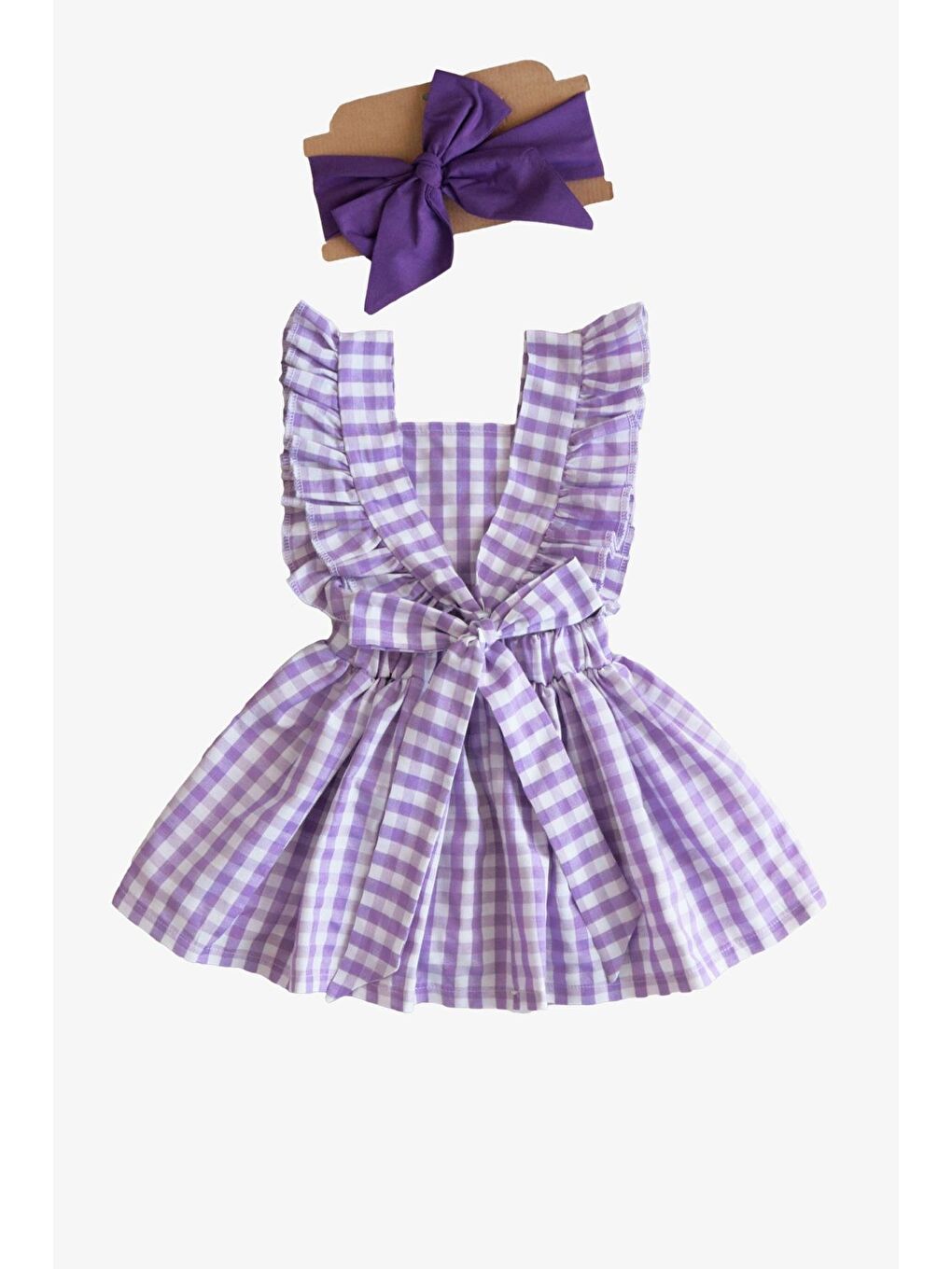 Kız Bebek Violetta Lila Pötikareli Fırfırlı Bağlama Detaylı Elbise Bandana Takım-6