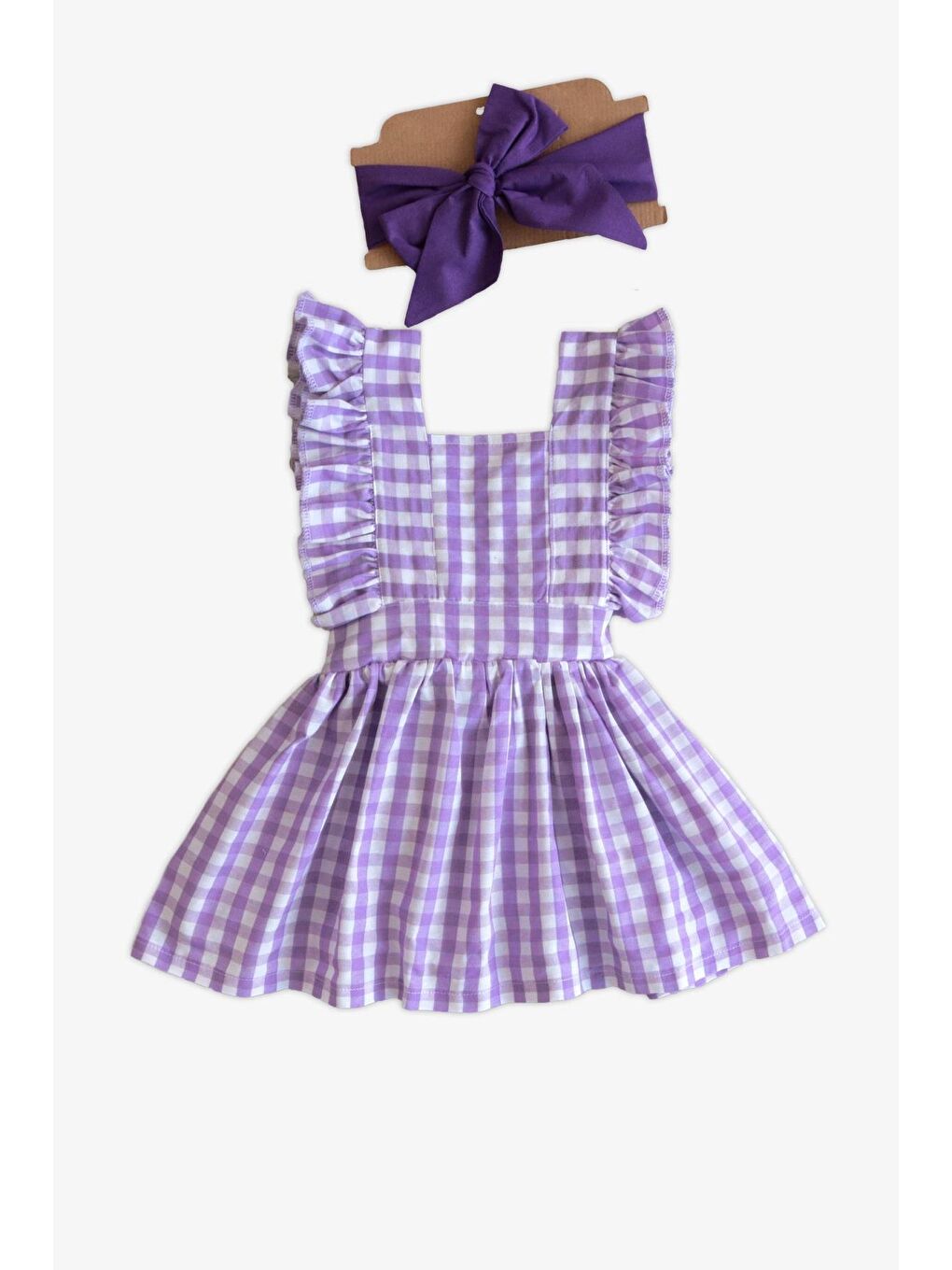 Kız Bebek Violetta Lila Pötikareli Fırfırlı Bağlama Detaylı Elbise Bandana Takım-7