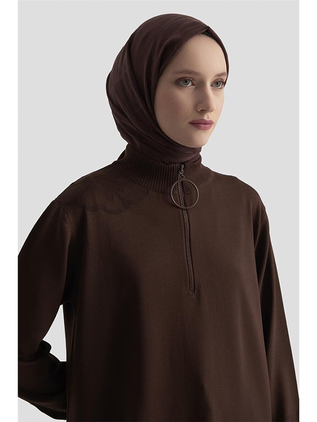 Kahverengi Çiçek Desenli Triko Tunik 25Ktd4111 Acı Kahve