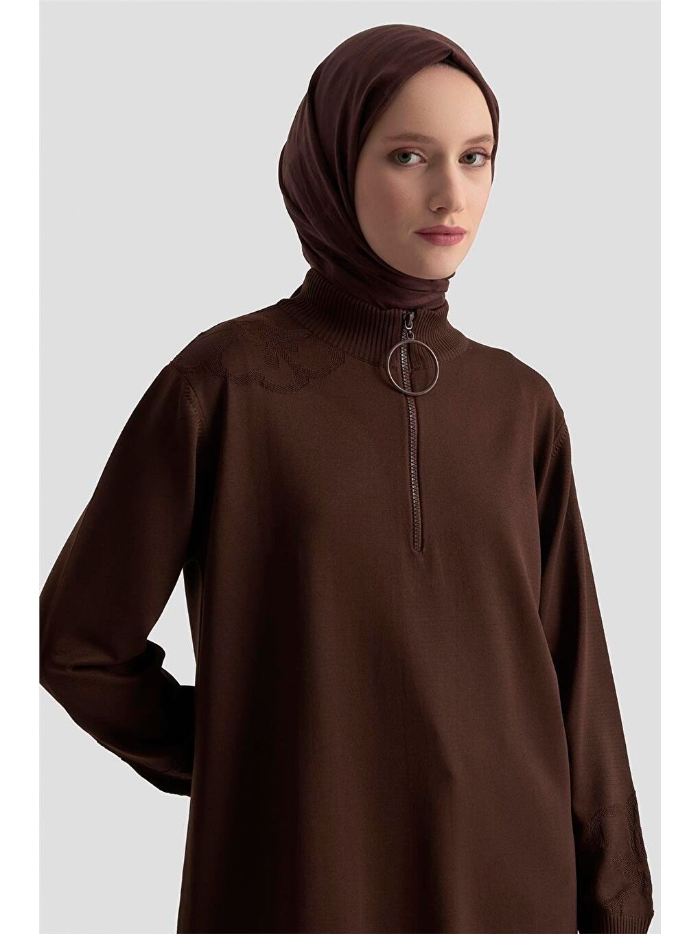 Kahverengi Çiçek Desenli Triko Tunik 25Ktd4111 Acı Kahve-2