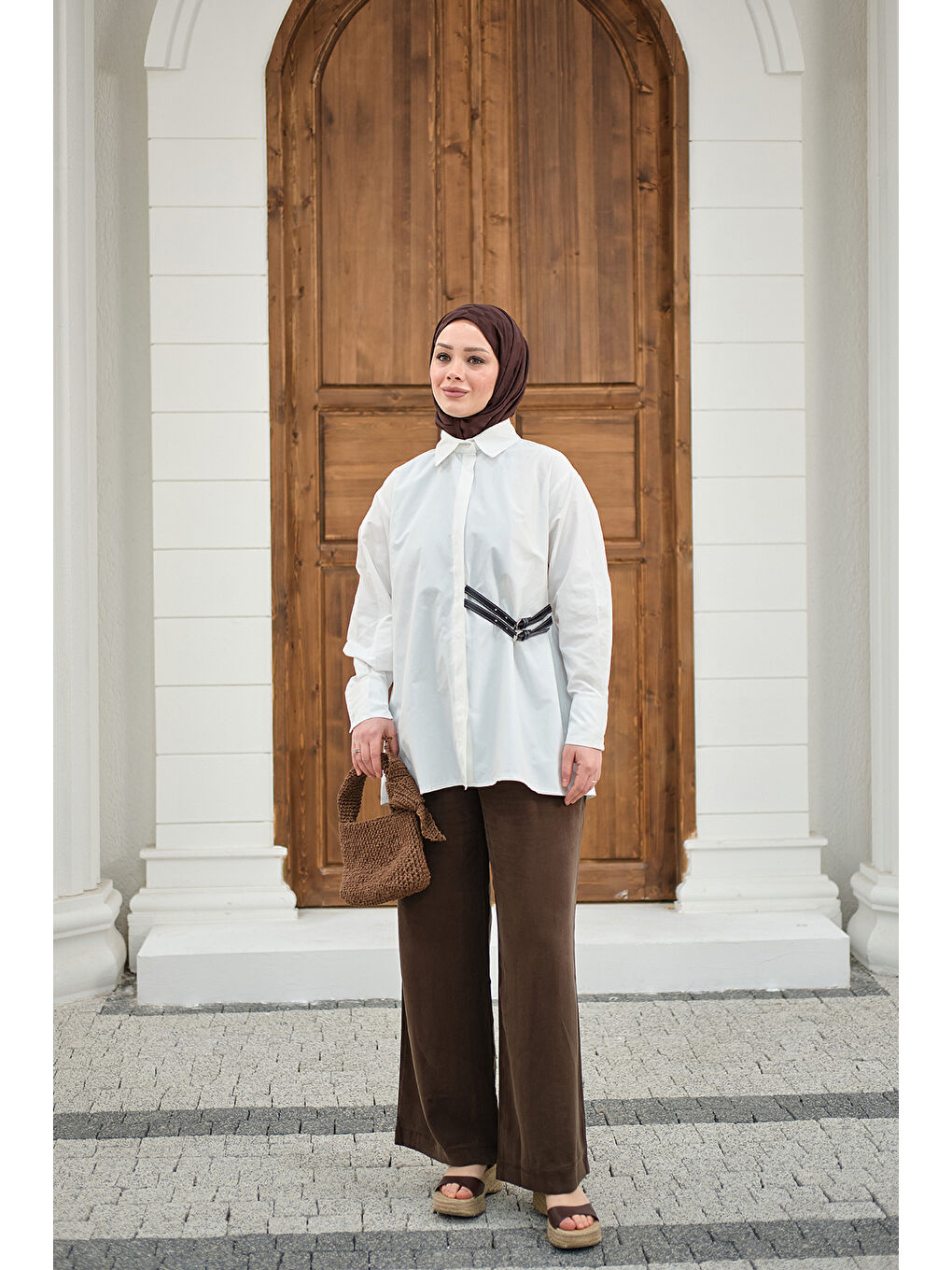 Kadın Çift Kemer Detay Gömlek Beyaz-2