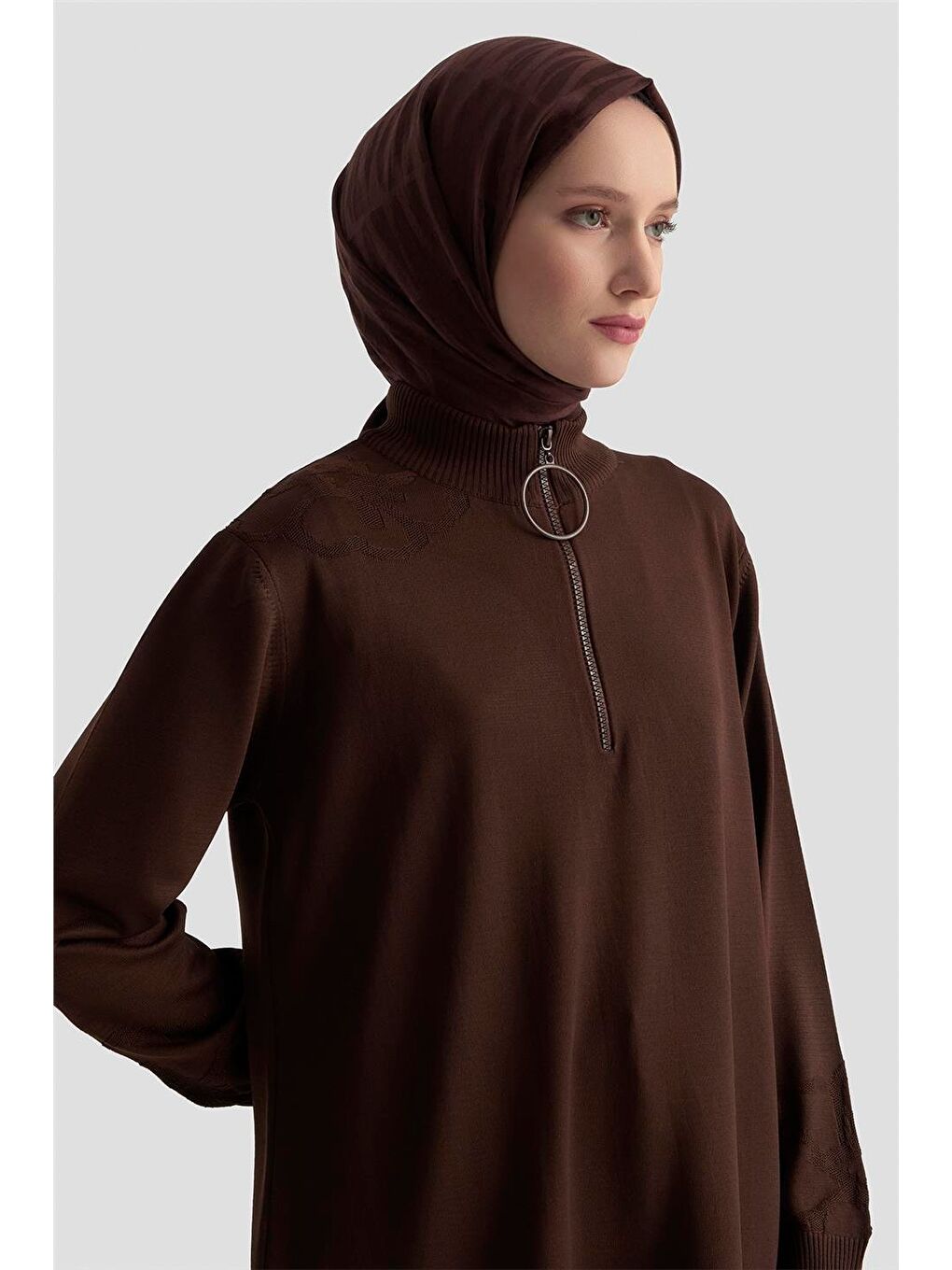 Kahverengi Çiçek Desenli Triko Tunik 25Ktd4111 Acı Kahve-3