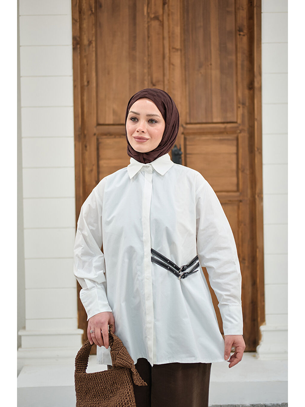 Kadın Çift Kemer Detay Gömlek Beyaz-3
