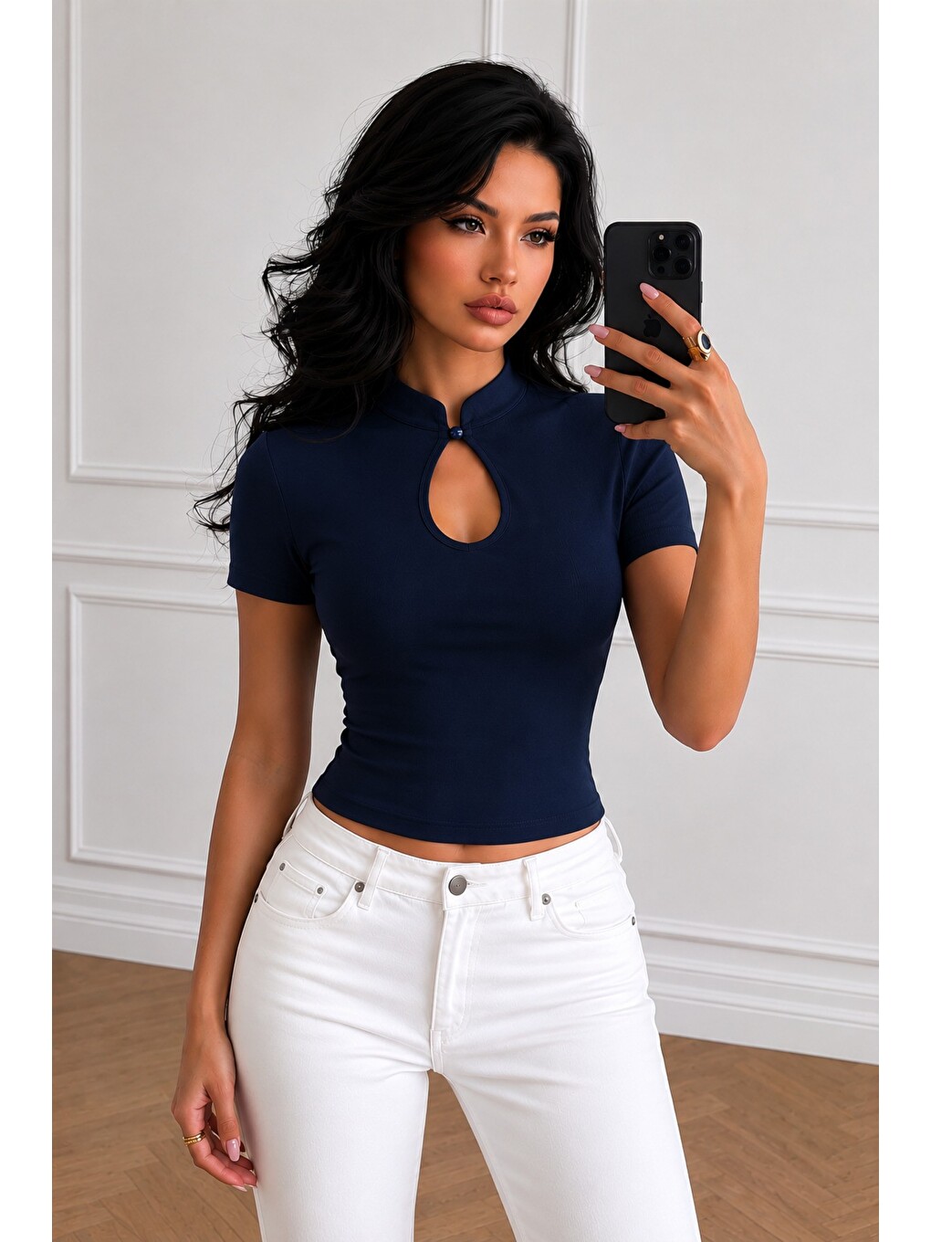 Lacivert Kadın Damla Yaka Düğme Detaylı Kısa Kollu Fit Bluz-3