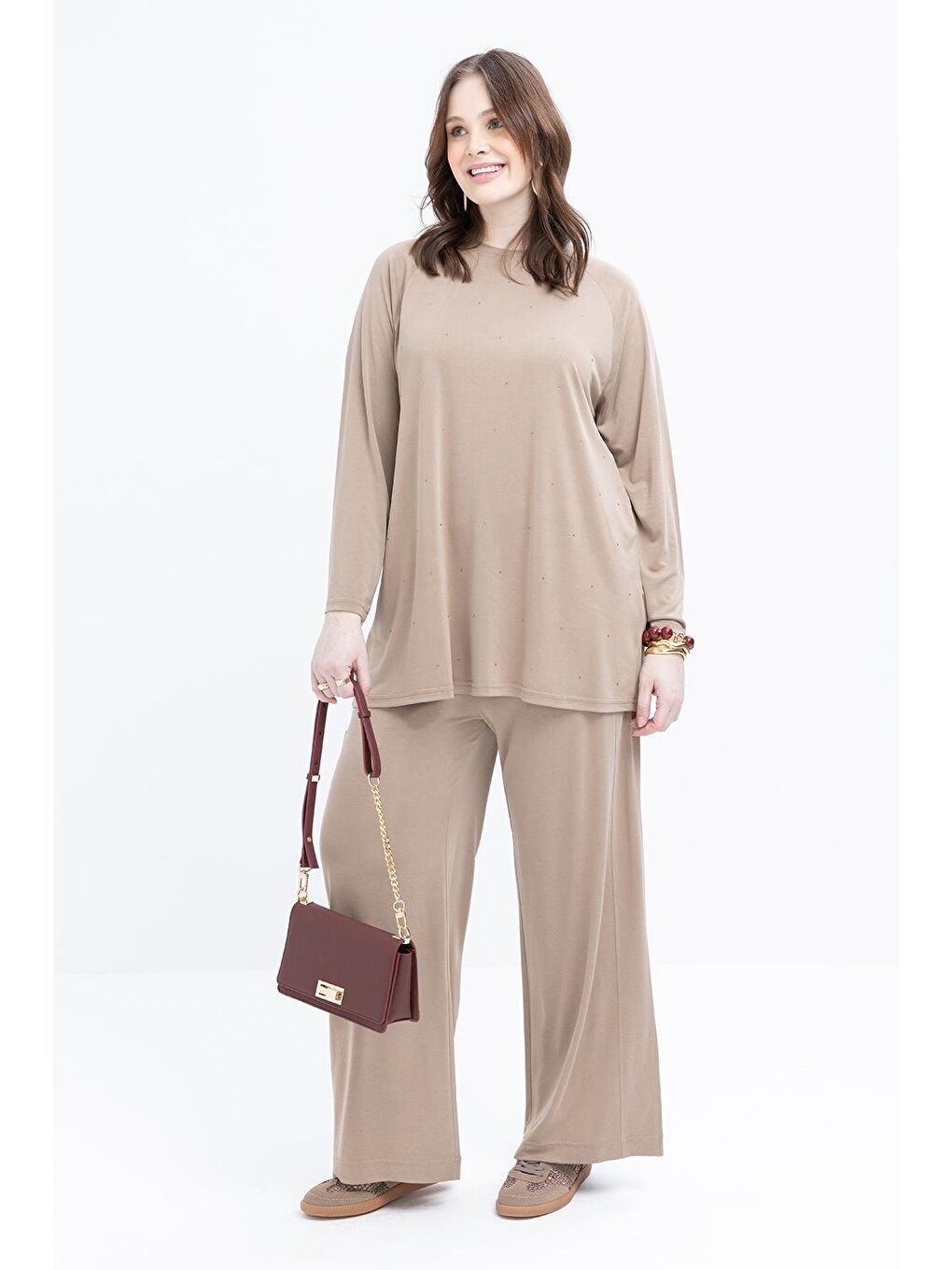 Bej Vizon-Taş Baskılı Büyük Beden Tunik