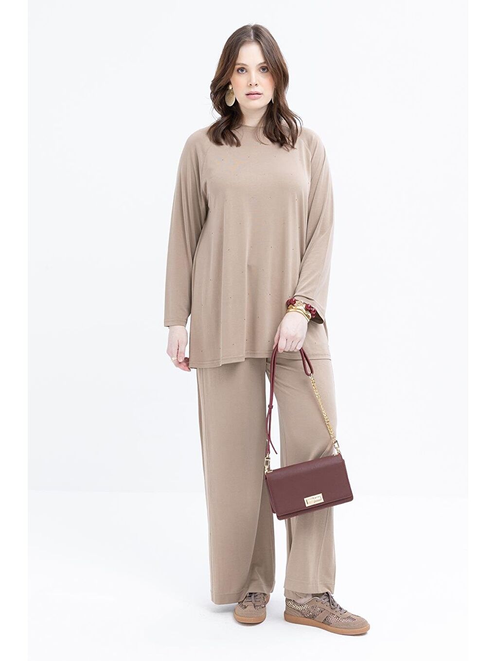 Bej Vizon-Taş Baskılı Büyük Beden Tunik-1