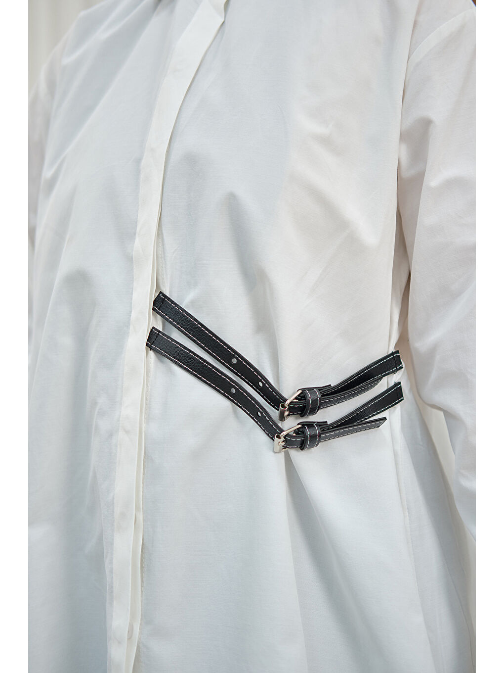 Kadın Çift Kemer Detay Gömlek Beyaz-4