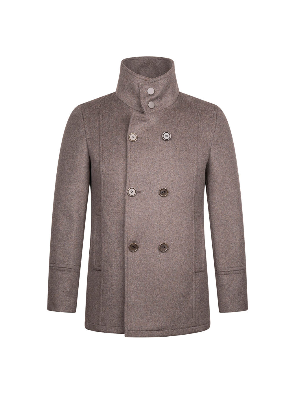 Kahverengi Slim Fit Kruvaze Yünlü Kaşe Kaban