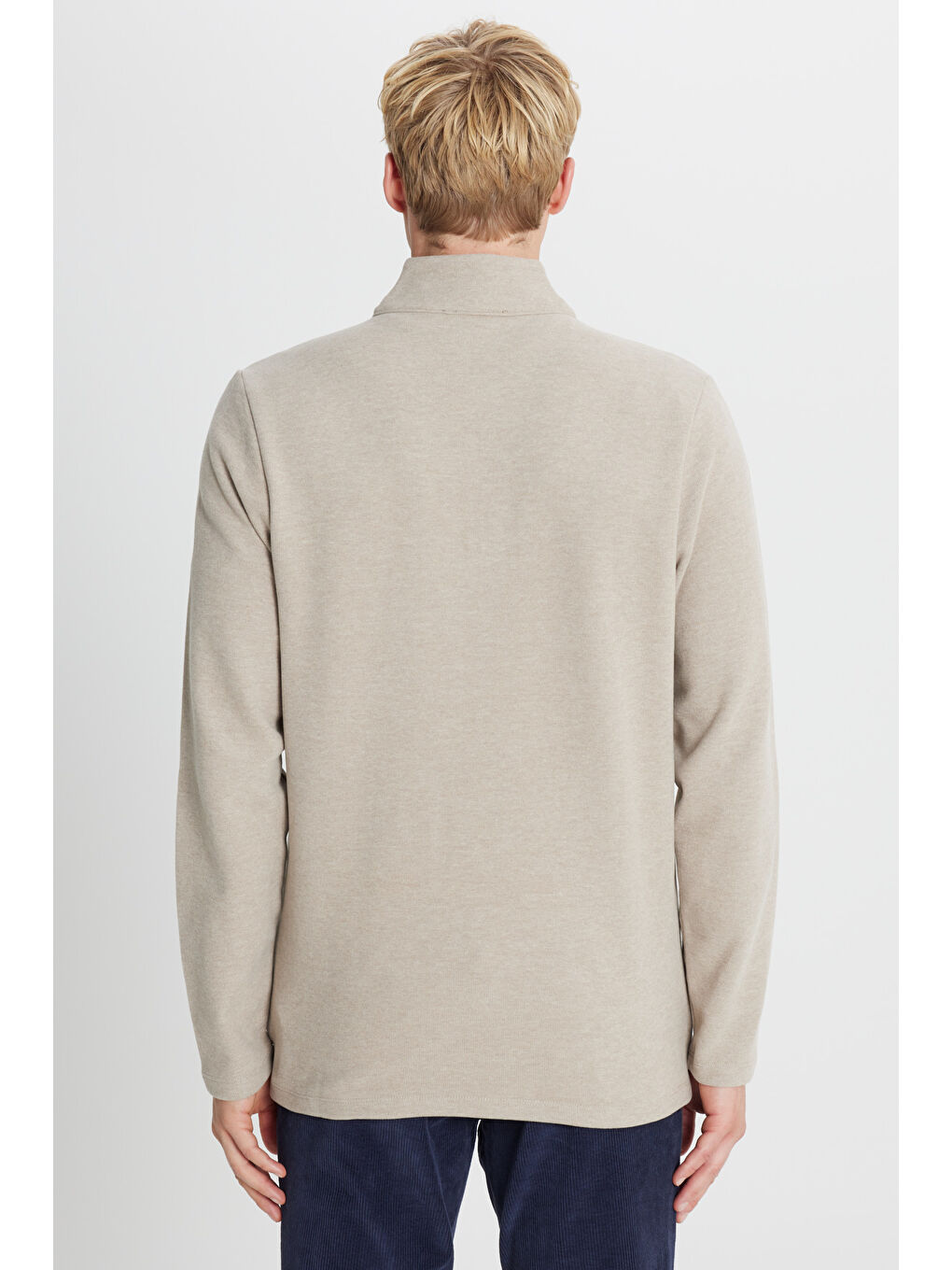 Erkek Bej Pamuklu Slim Fit Dar Kesim Bato Yaka Uzun Kollu Sweatshirt-4