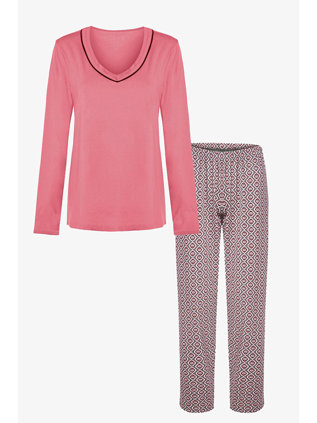 Kahverengi Kadın Pamuklu V Yaka Biye Detaylı Alt Desenli Uzun Kollu Pijama Takımı