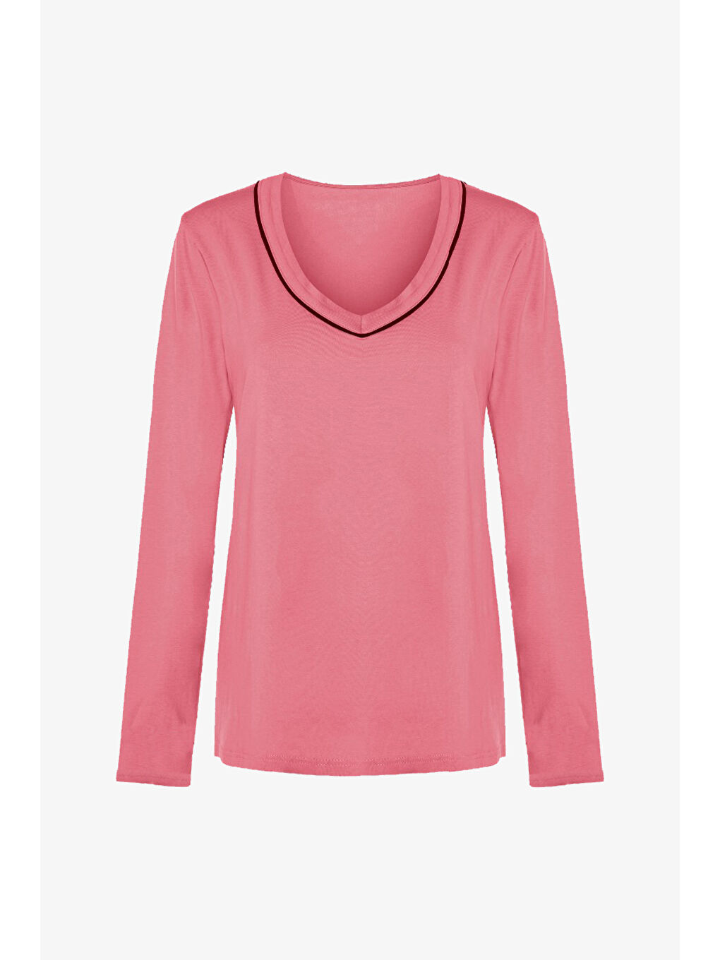 Kahverengi Kadın Pamuklu V Yaka Biye Detaylı Alt Desenli Uzun Kollu Pijama Takımı-1