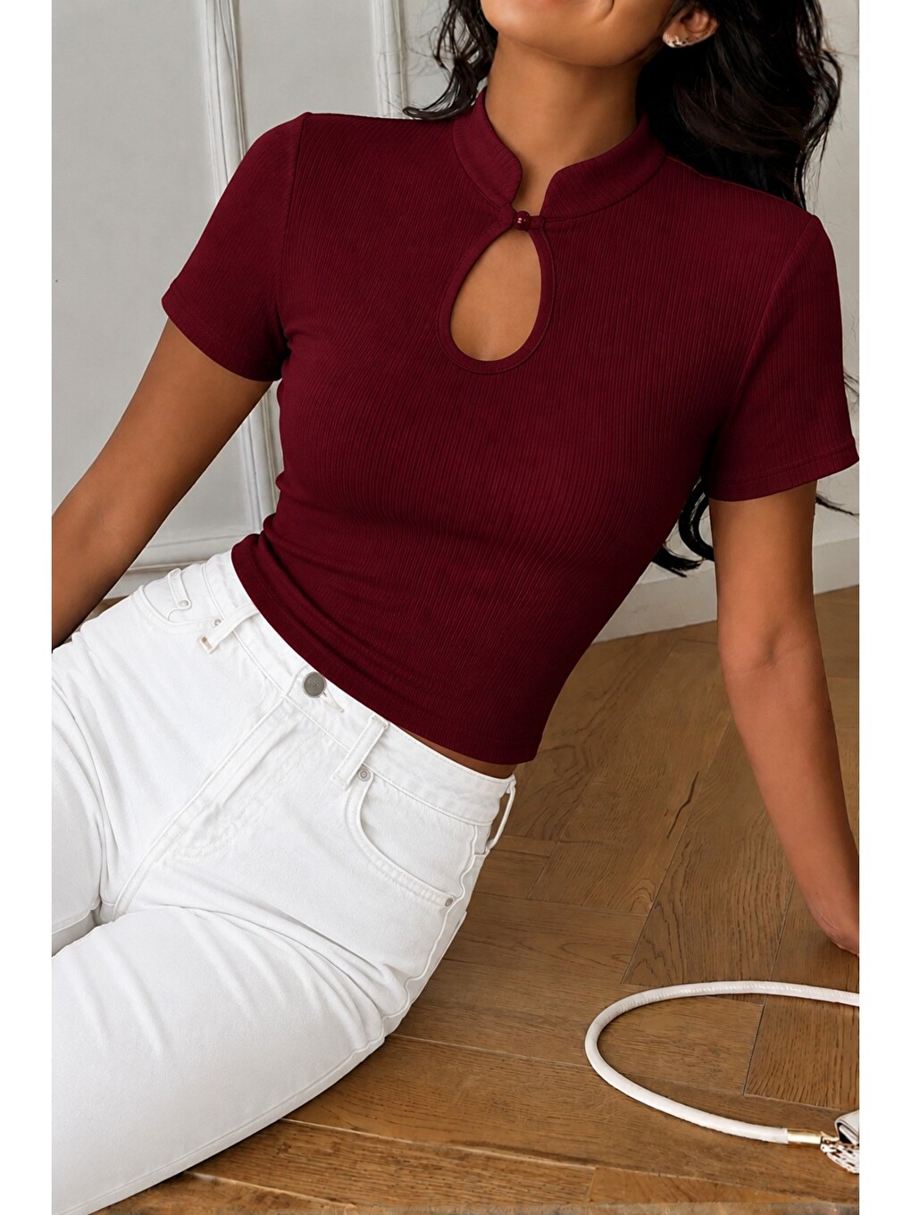 Bordo Kadın Damla Yaka Düğme Detaylı Kısa Kollu Fit Bluz-1