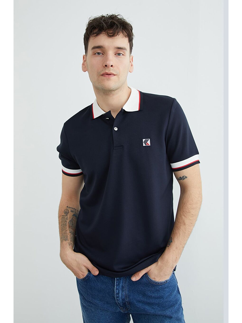 Lacivert Ribanalı Polo Yaka Yarım Düğmeli Modal Tişört