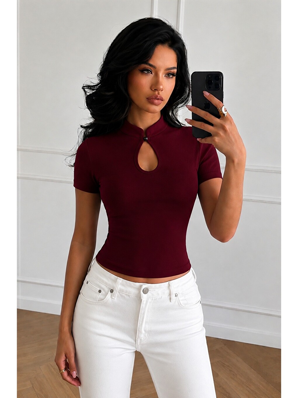 Bordo Kadın Damla Yaka Düğme Detaylı Kısa Kollu Fit Bluz-3