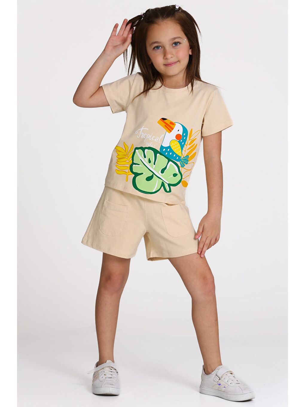 Bej Tropical Vibes Baskılı 3-7 Yaş Takım - 2509-1