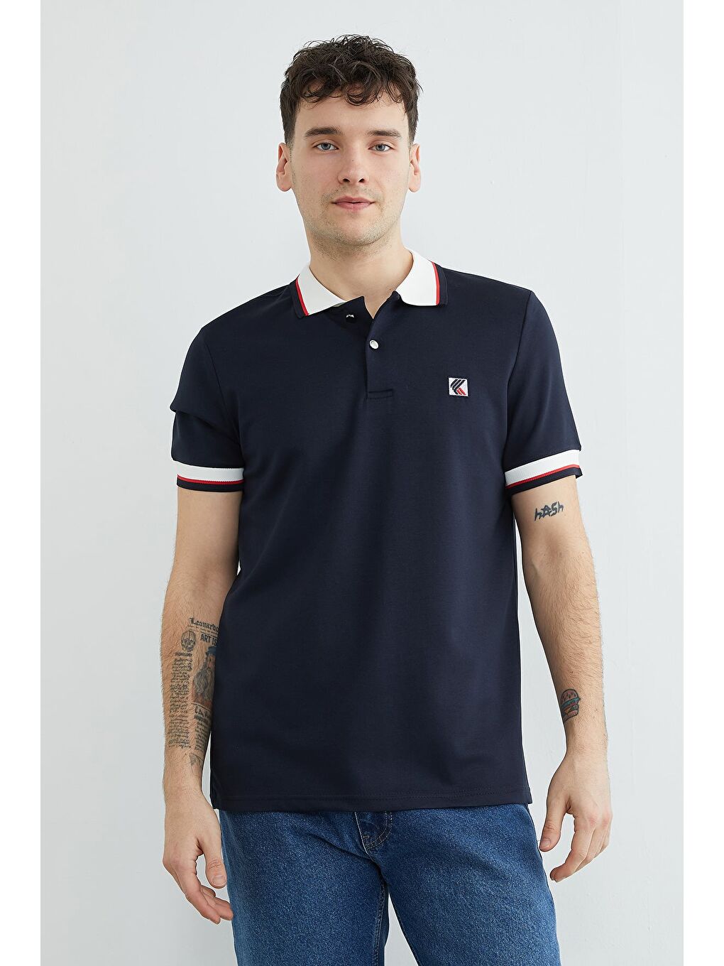 Lacivert Ribanalı Polo Yaka Yarım Düğmeli Modal Tişört-1