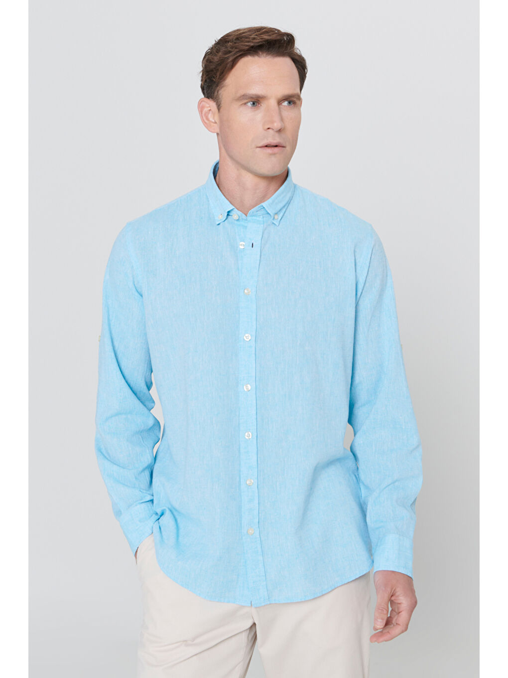 Erkek Turkuaz Comfort Fit Rahat Kesim Düğmeli Yaka Casual Keten Gömlek-2