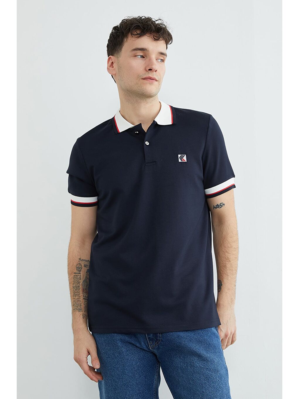 Lacivert Ribanalı Polo Yaka Yarım Düğmeli Modal Tişört-2