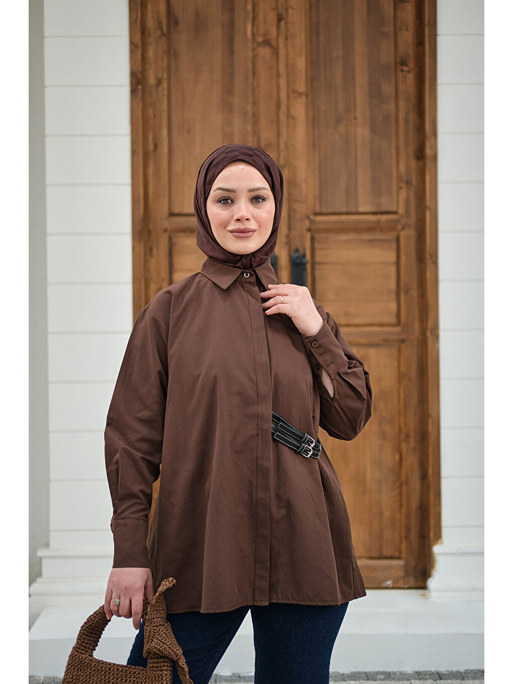 Kadın Çift Kemer Detay Gömlek Kahverengi