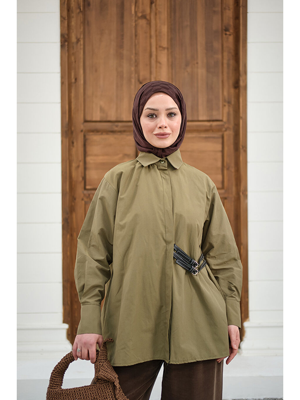 Kadın Çift Kemer Detay Gömlek Haki Yeşil