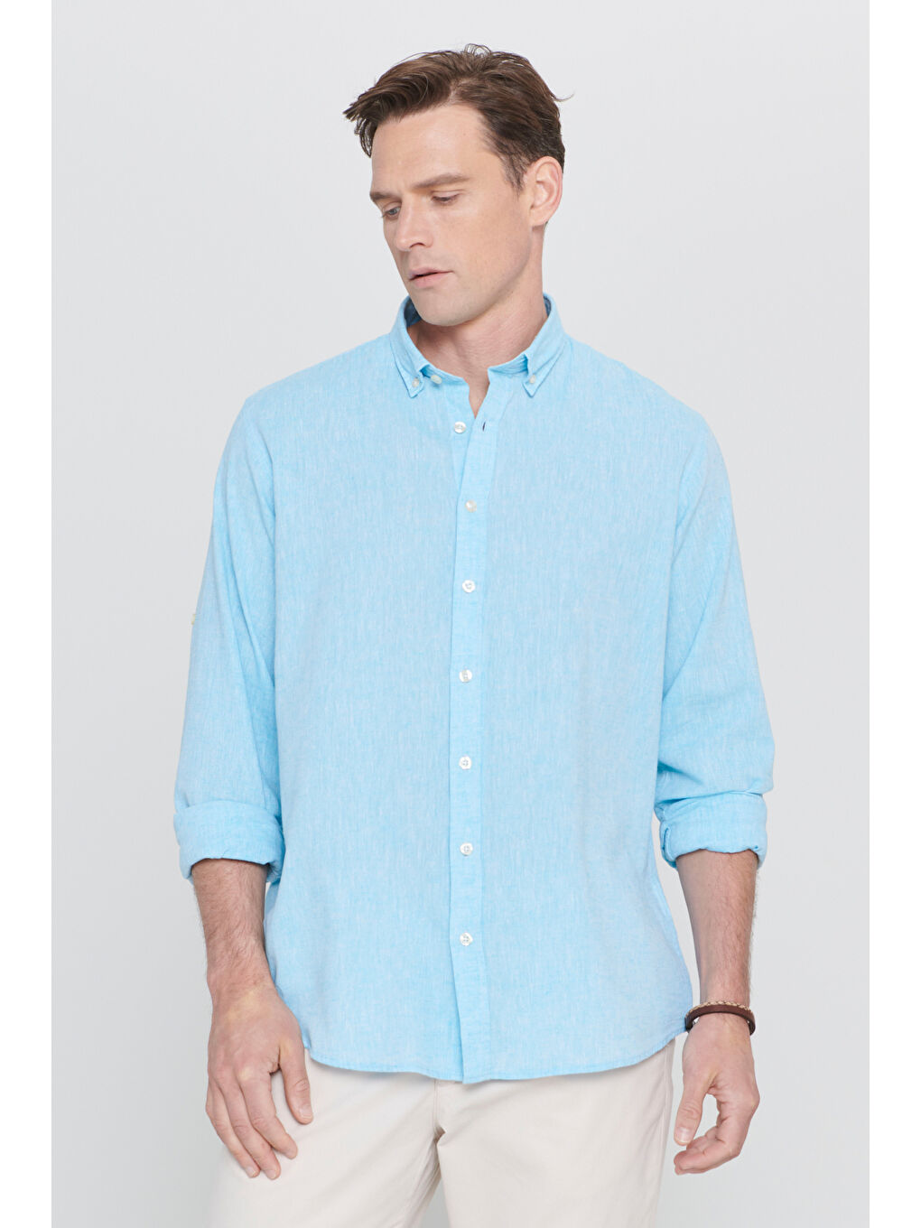 Erkek Turkuaz Comfort Fit Rahat Kesim Düğmeli Yaka Casual Keten Gömlek-3